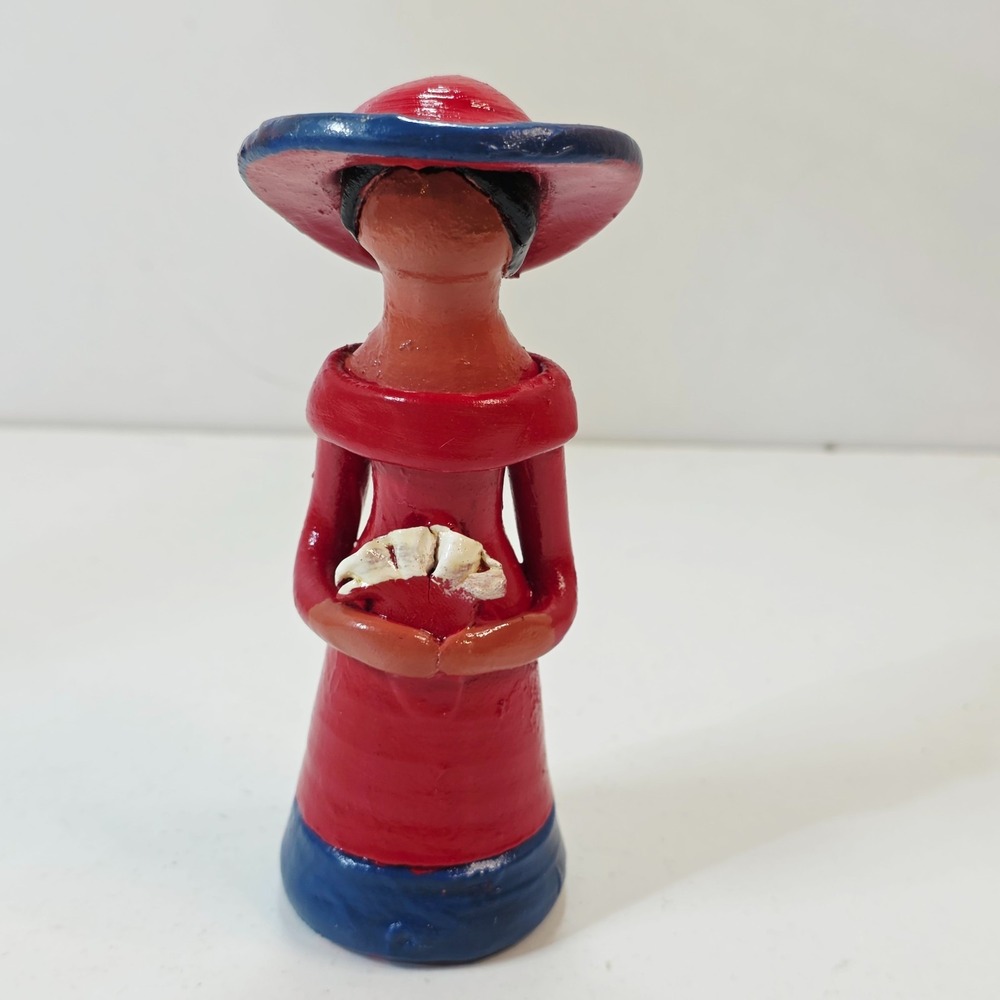 Vintage Faceless Clay Doll Figurine Red Dress Dominican Republic Handmade 5"